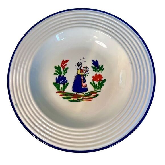 Varages Peasant Woman Bowl 9.25 Inch Soup Bowls with Cobalt Trim 1960s France - Picture 1 of 7